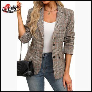 Women's Plaid Houndstooth Blazer Boyfriend Fit Lapel Collar Work Office